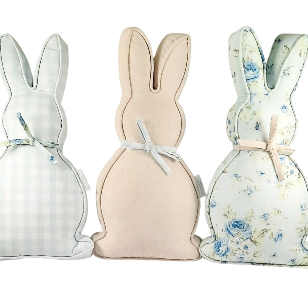 Shabby Chic Pillows BunnyShaped with Blue Roses Floral/cream/ Blue Plaid
